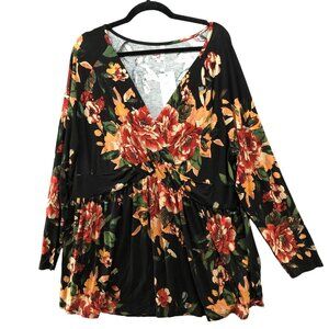 NWT Tianzhu Long Sleeve Top Womens 3XL V-Neck Black Floral Jersey Knit Blouse